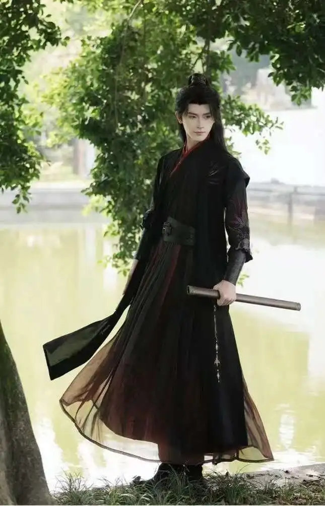 Vestido Hanfu Original negro y rojo para hombre, traje tradicional con cuello cruzado bordado, espadachín nocturno Vintage, ropa de Cosplay de nicho