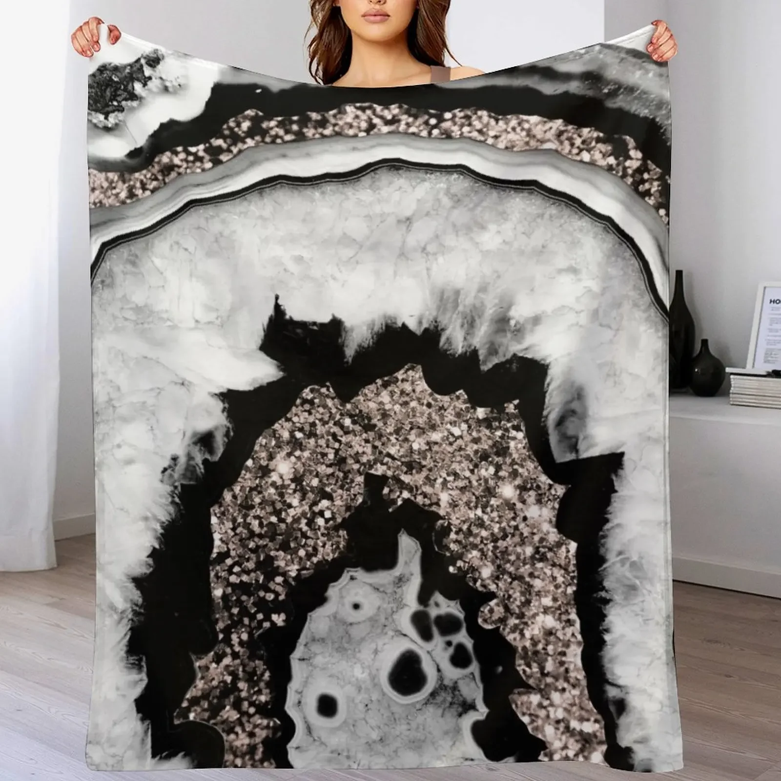 

Gray Black White Agate with Rose Gold Glitter #1a (Faux Glitter) #gem #decor #art Throw Blanket Soft Plaid Vintage Blankets