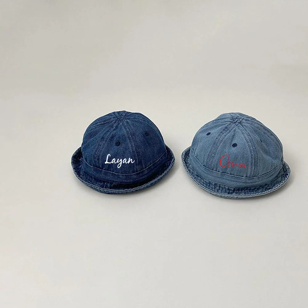 

Personalized And Customized sSolid Color Denim Baby Fisherman Hat With Embroidered Baby And Toddler Small Month Bucket Cap