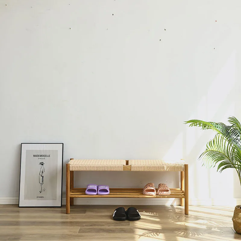 Cross braided rope stool white oak solid wood stool porch shoe change stool dining room bedroom end of bed braided rope bench