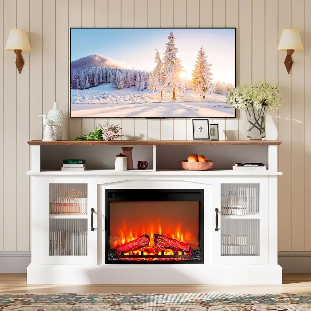 

Modern 58'' White Fireplace TV Stand, 23'' Electric Fireplace Entertainment Center for TVs up to 65'' with Remote Control, Open