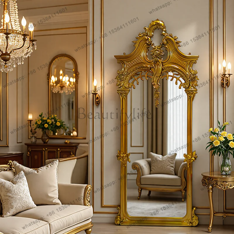French carved full-length mirror villa luxury against the wall American retro wall-mounted full-length mirror