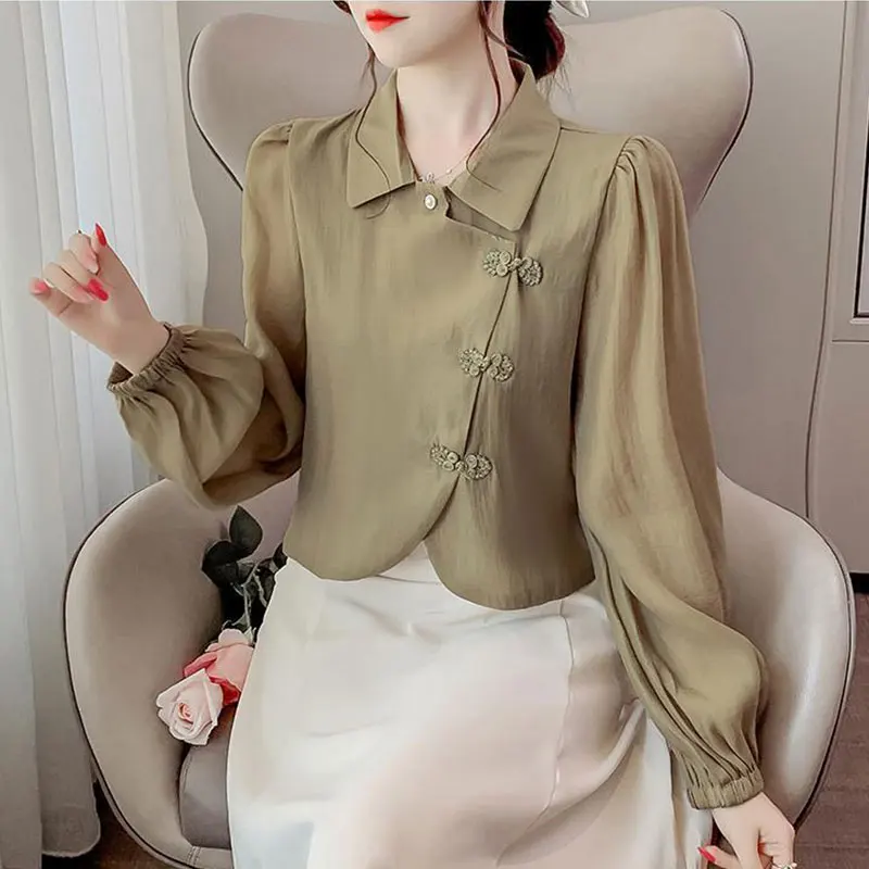 Women\'s Autumn Fashion Simplicity Solid Color Long Sleeve Chiffon Shirts Women Clothes Casual Vintage All-match Temperament Tops