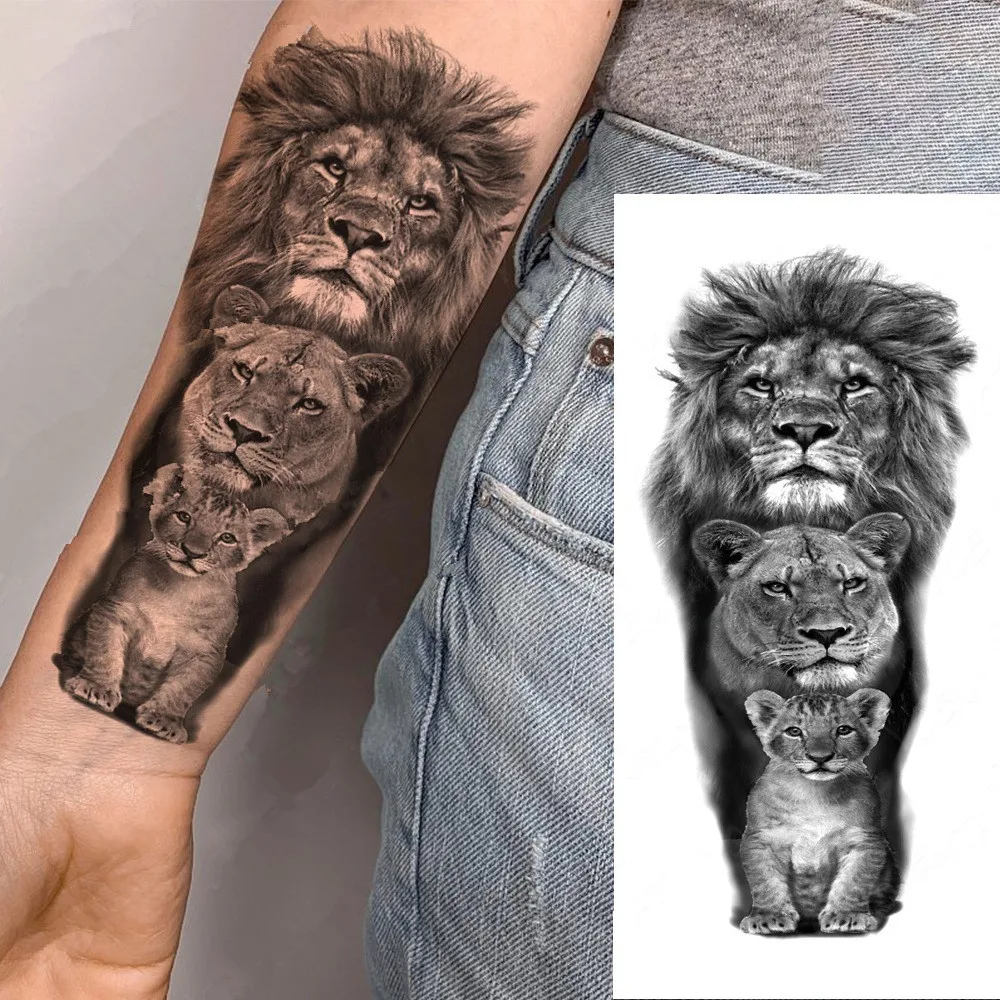 1pc Lion Men Waterproof Temporary Tattoos Fake Stickers Arm Hand Cool Art Black Transfer Clock Tattoo Stickers Wolf Tiger Tattoo