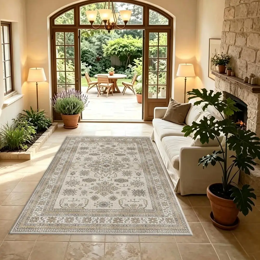 Neutral Beige Vintage Oriental Carpet Flooring, Distressed Traditional Medallion Square Area Rug