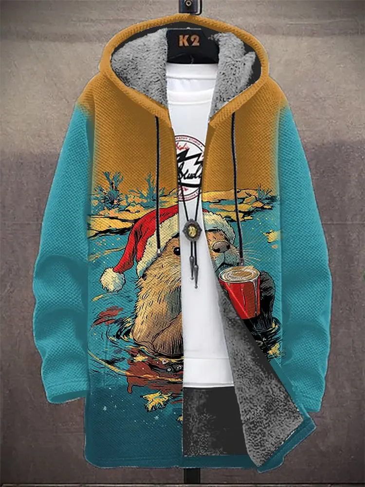 

Men's Christmas Otter Drinking Coffee Art Print Hooded Trench Coat Cardigan Hoodies Fleece Lined Zipper Coats