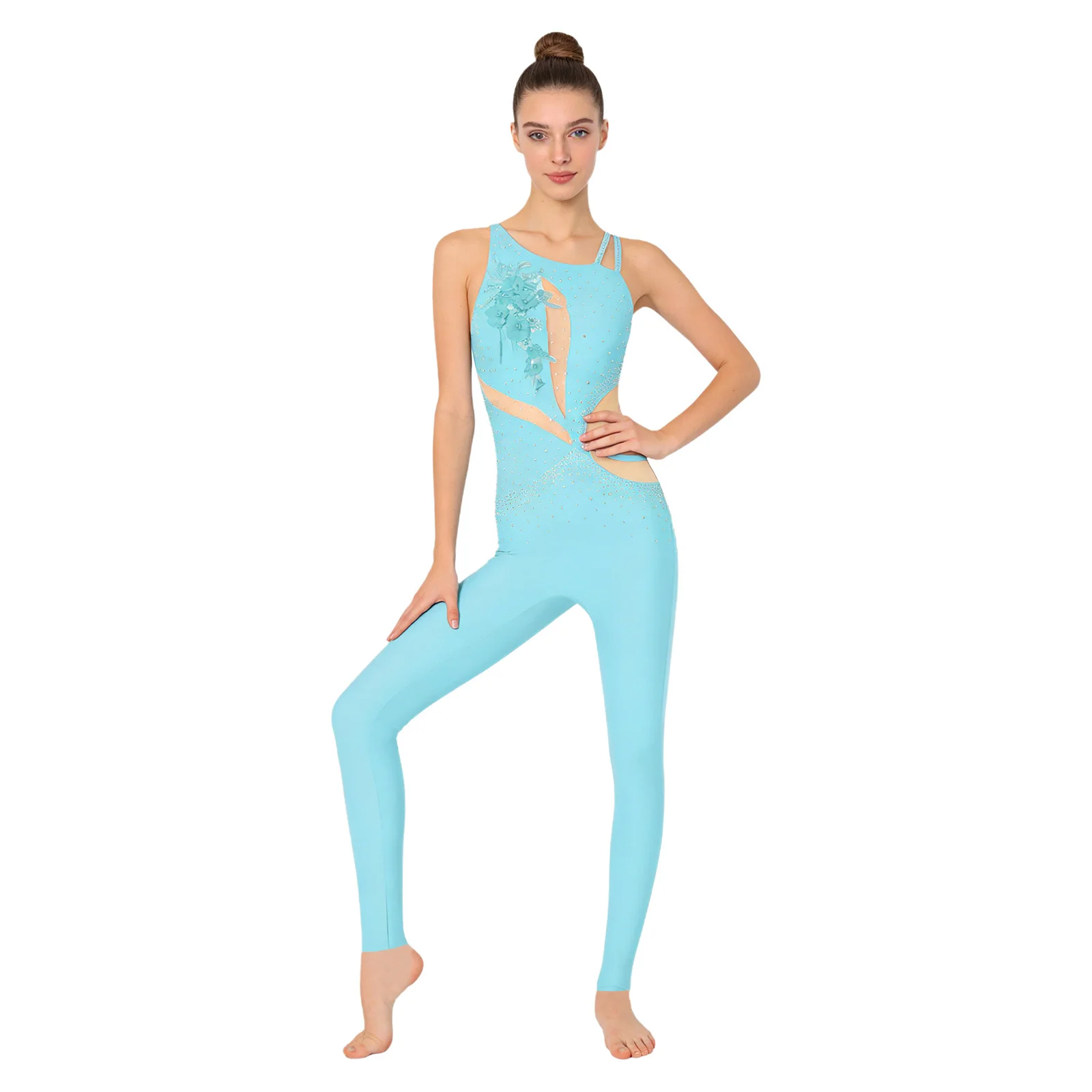 

Rhinestone Embellished Ballet Lyrical Dance Unitard for Women Asymmetrical Shoulders Embroidery Applique Legging Pants Jumpsuit