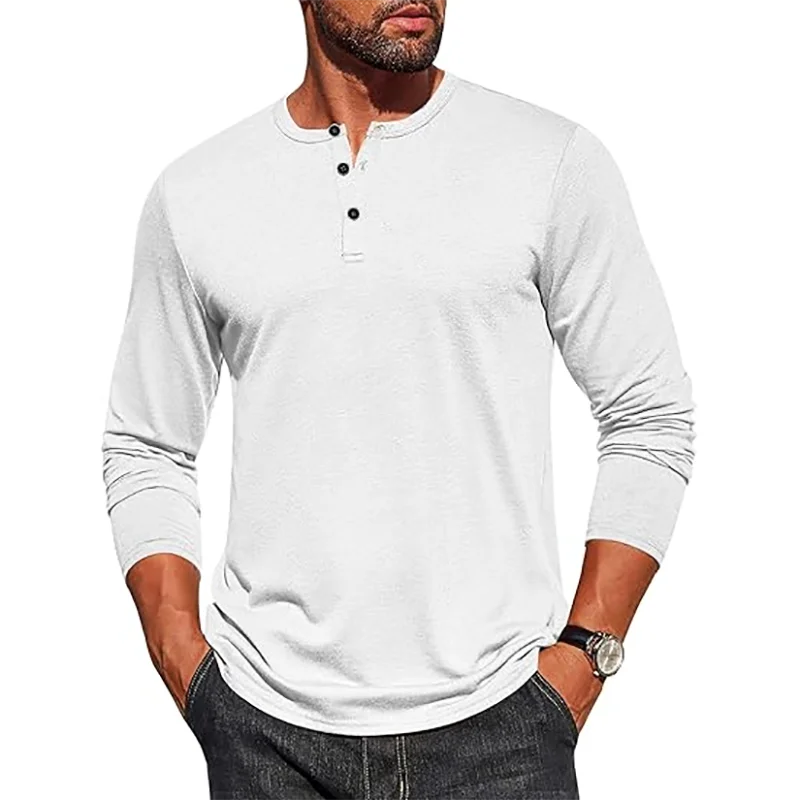 Herbst Herren Langarm Henley Shirts Baumwolle 3-Taste Frühling Casual T-Shirts Einfarbig Weiche Basic Tops Tees