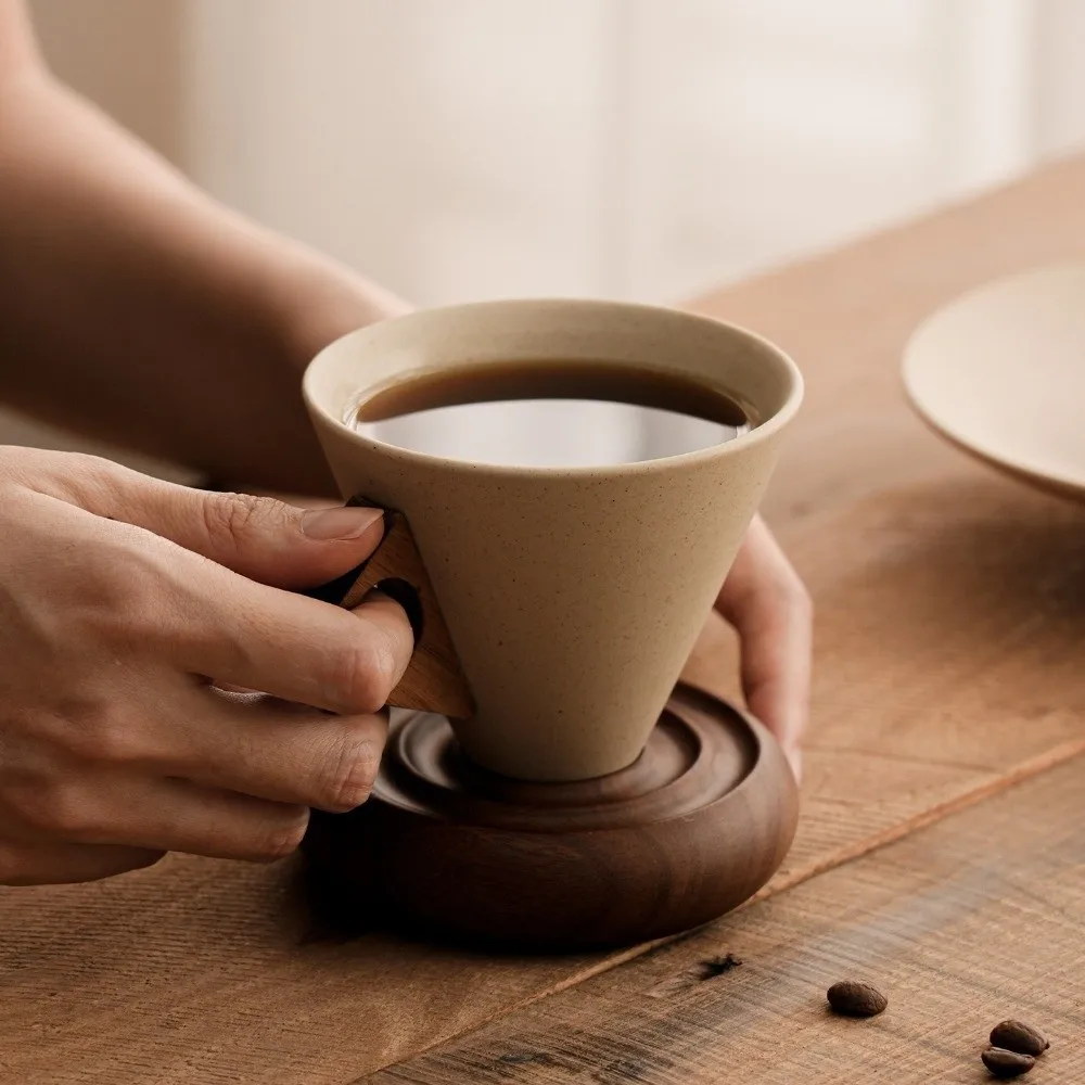 

Coarse Ceramic Triangular Cone Cup Retro Style with Handle Vintage Pottery Mug Espresso Cup Wooden Base Japanese Ceramic Mug