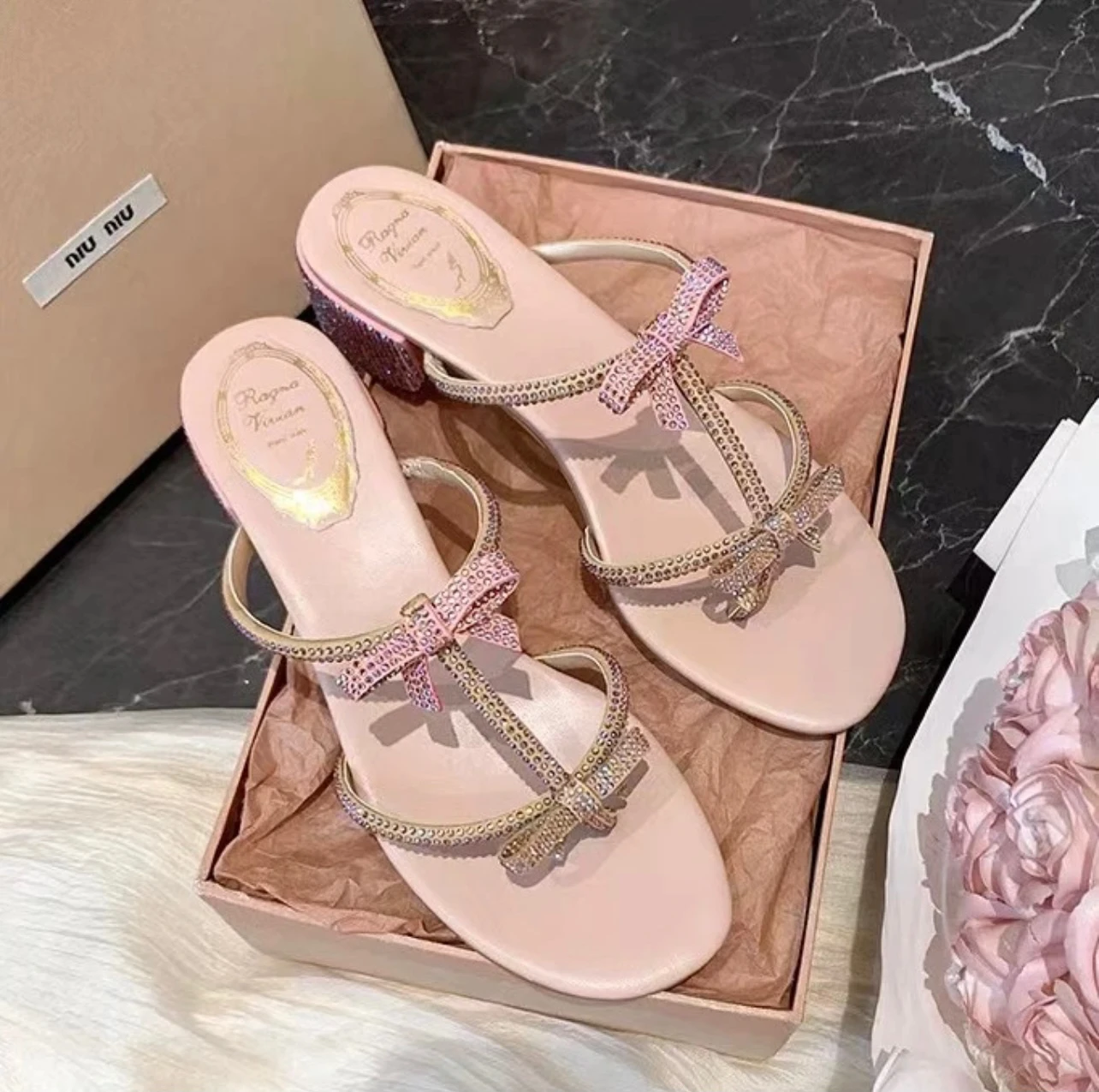 Pink Pinch Toe Bow-knot Slippers Fashion Outdoor Crystal Mules Thick Heel Shoes Summer Slingback Women Sandals Zapatos Mujer