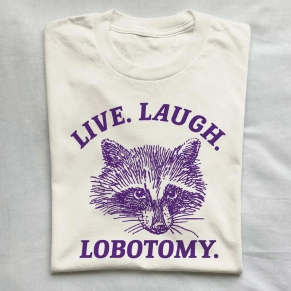 Live Laugh Lobotomy Tシャツ ミーム Tシャツ アライグマ Tシャツ ヴィンテージ ドローイング服 奇妙な服 ユニセックス ストリートウェア ラウンドネック