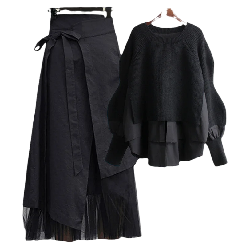 Women's Spring Autumn New Fashion Fake Two Piece Knit Sweater+Strap A-line Skirt Suit Korean Elegant Pullover Dress Matching Set - Image 5