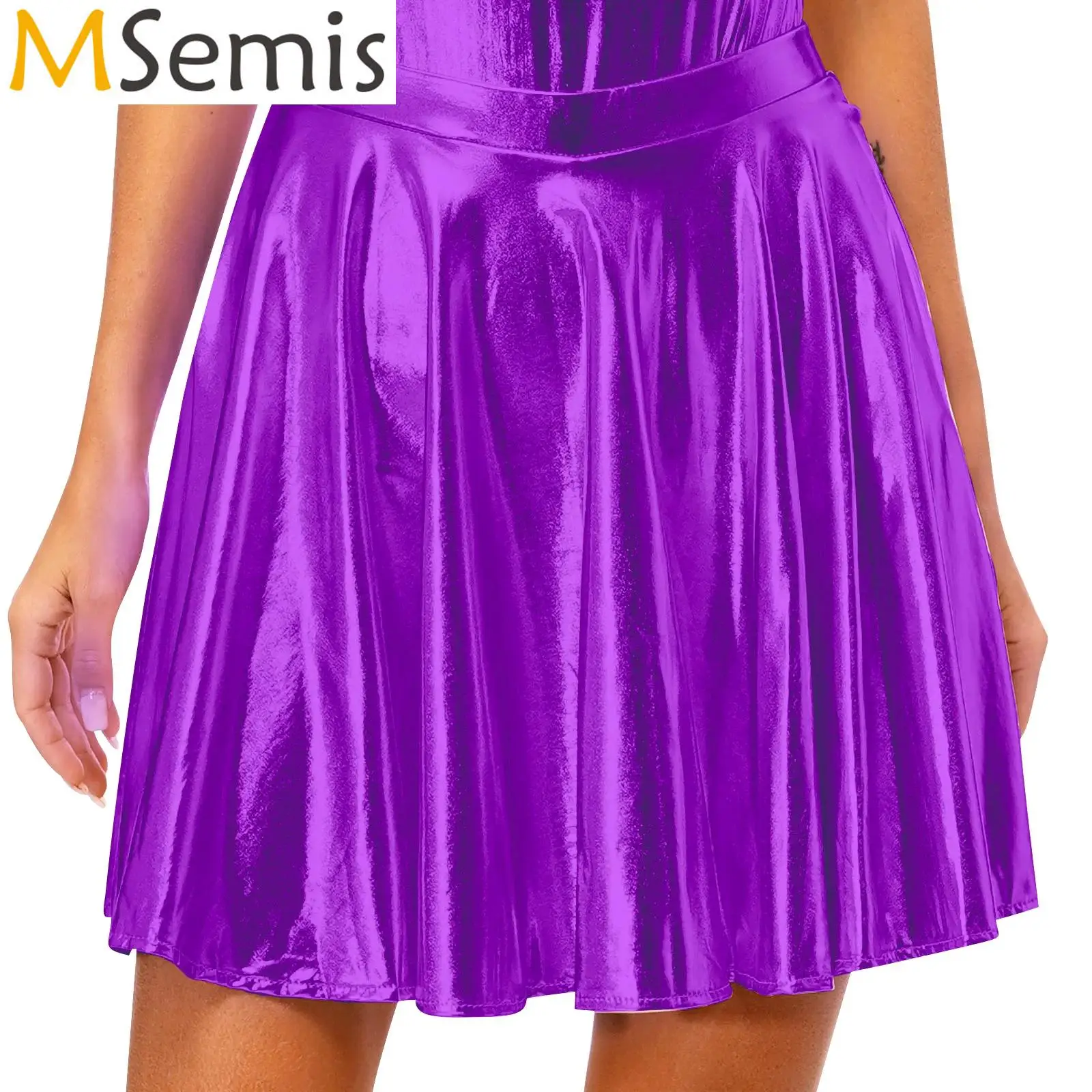 

Womens Athletic Shiny Scooter Skirt Glossy Metallic Flared Pleated A-Line Mini Skater Skirt Clubwear Disco Dance Party Costumes