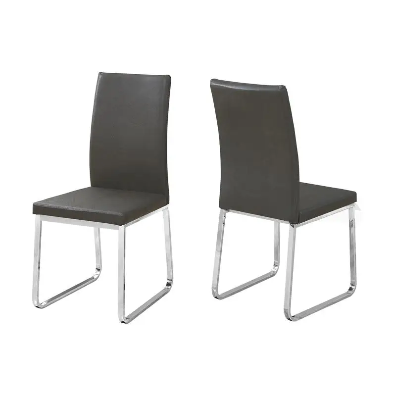 Set 2 Kursi Makan Berlapis Kain Kontemporer - Tampilan Kulit Abu-abu, Alas Logam Krom untuk Dapur dan Ruang Makan