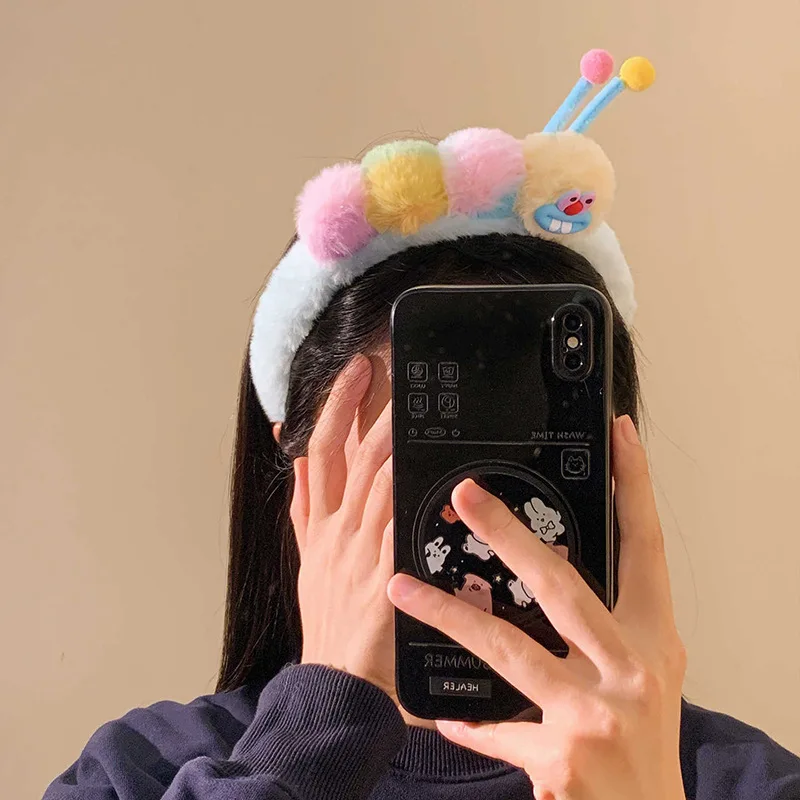 Cute Cartoon Fuzzy Caterpillar Headband Non Slip Soft Plush Hair Hoop For Women Girls Face Washing Makeup Skincare Funny Kawaii