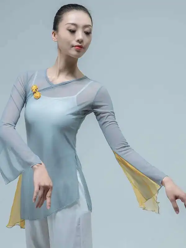 

Women Classical Dance Shirt Light Weight Transparent Mesh Top Horn Long Sleeve Chinese Folk Dancewear With Knot Button