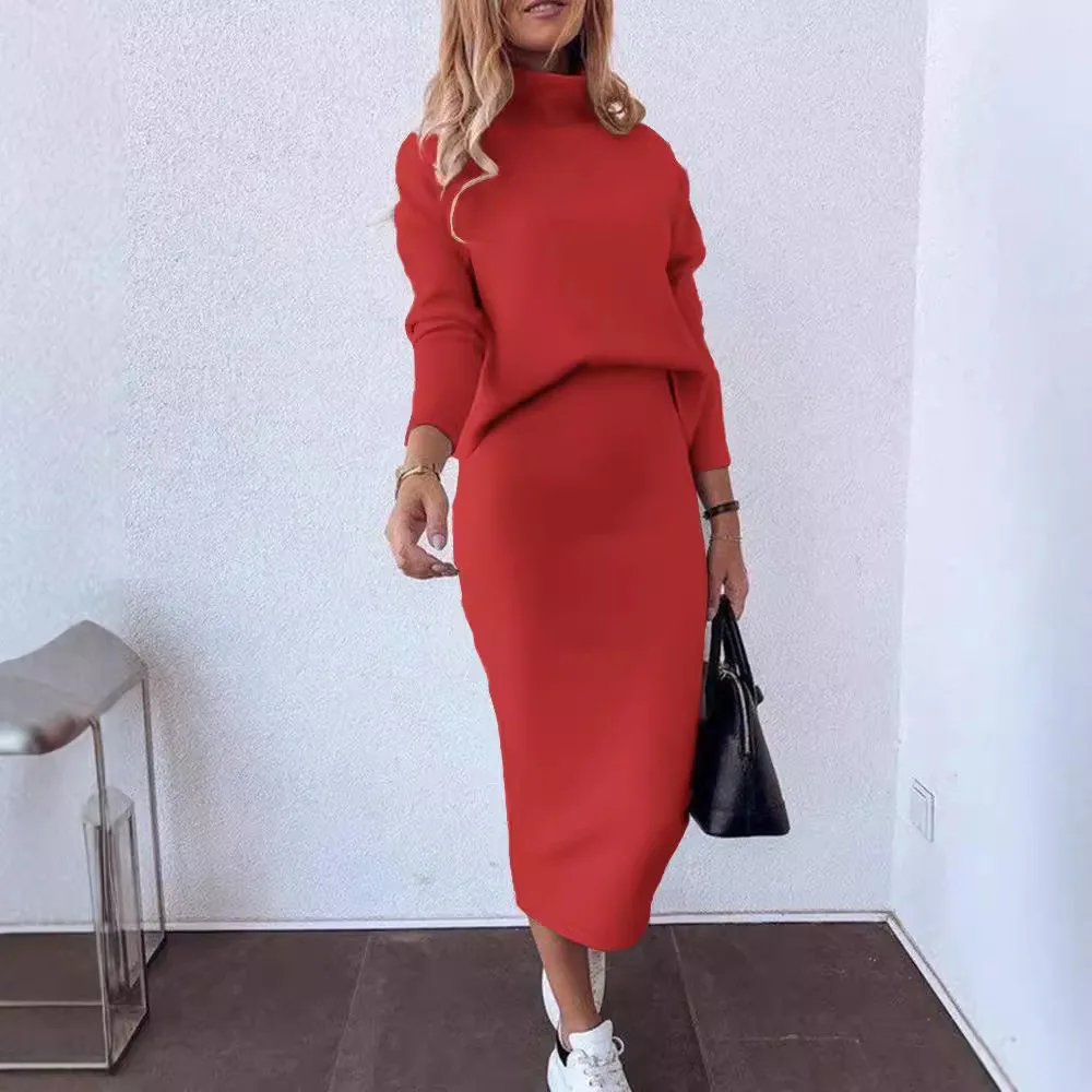 Casual Two Piece Set Women Outfit Autumn Long Sleeve Mock Neck Sweatshirt & Fashion New High Waist Skirt Set