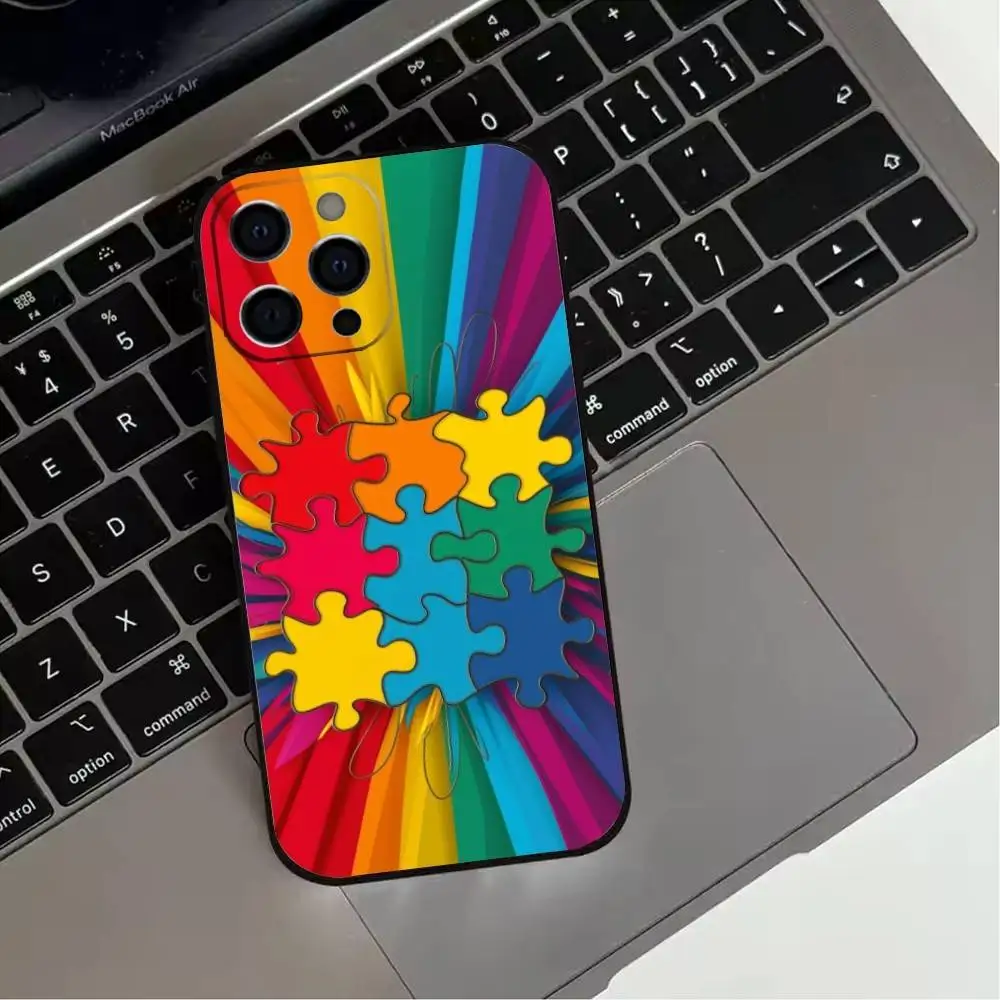 حافظة هاتف Puzzle Art Support Autism لهاتف iPhone 17,16,15,14,13,12,11 Plus، Pro Max، XS، غطاء أسود من السيليكون الناعم
