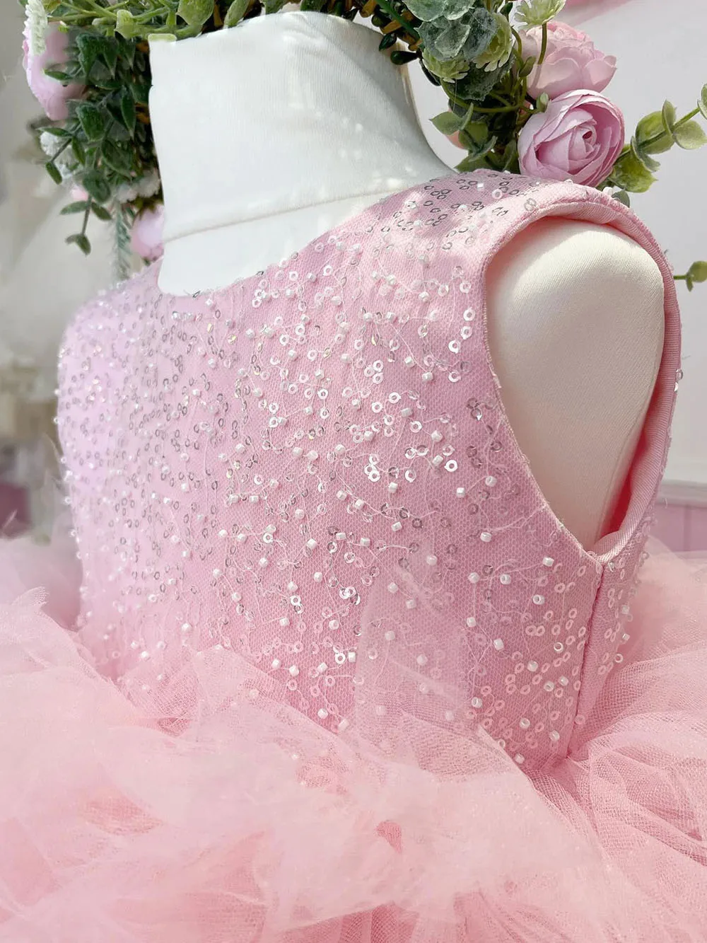 Robe à paillettes en tulle rose pour filles, robe à fleurs scintillantes pour mariage, belle fête d'anniversaire pour enfants, boule de première communion, quoi que ce soit