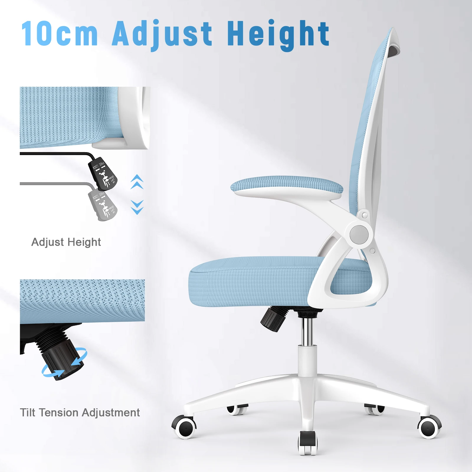 Silla de oficina ergonómica con asiento deslizante, asiento de malla, soporte Lumbar ajustable, ángulo y altura, azul, para juegos en casa