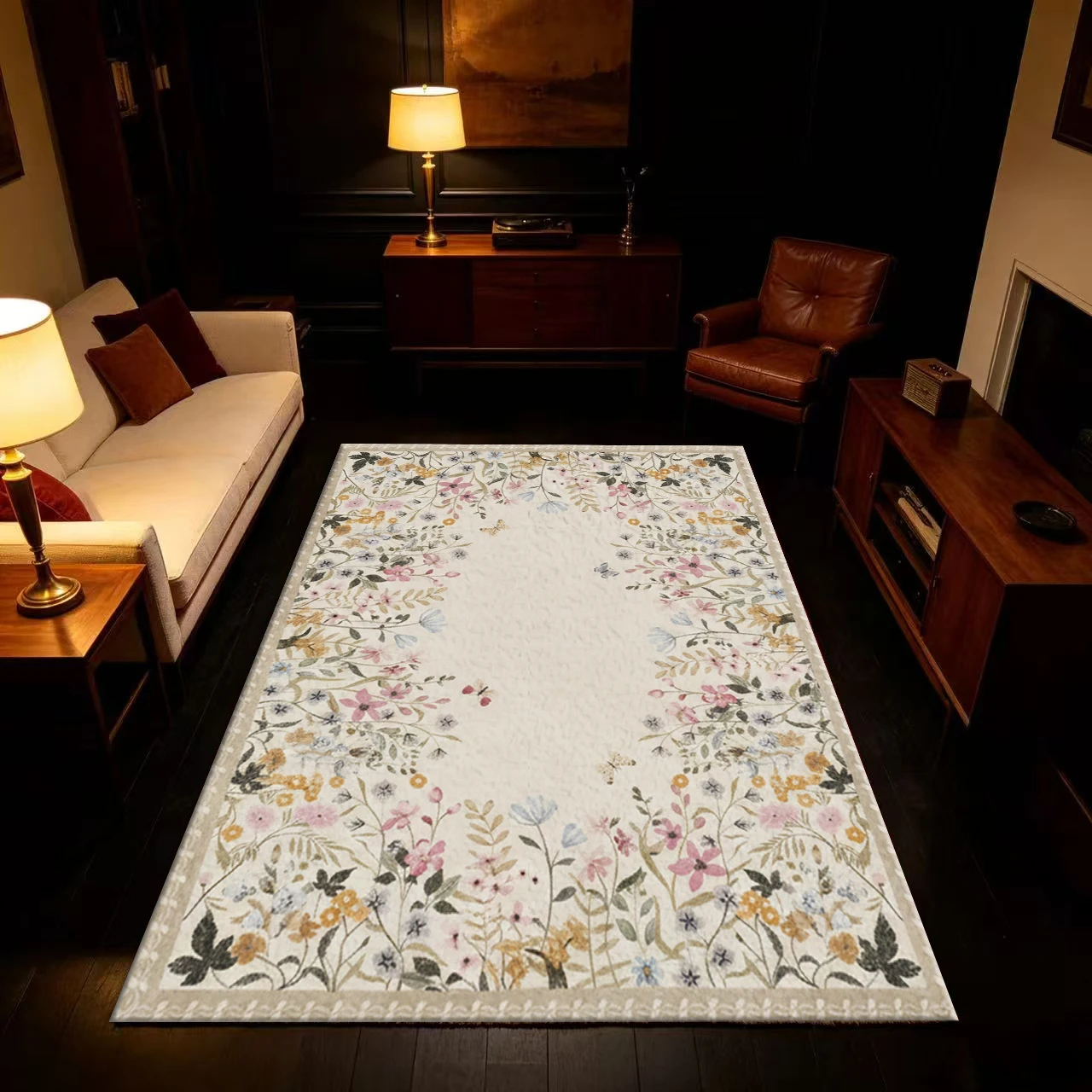 Bohemian Style Vintage Wildflower Border Carpet, Non-Slip and Aesthetically Pleasing, Suitable for Bedroom, Living Room, and Home Decor