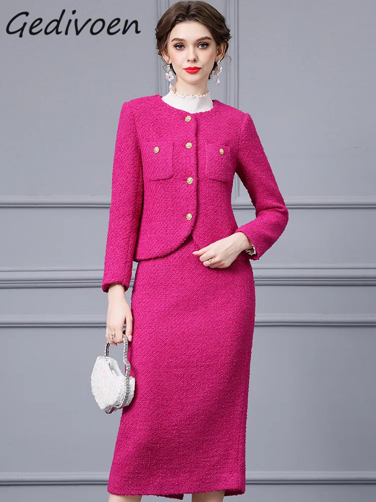 Gedivoen Winter Fashion Designer Rose Red Vintage Skirt Set Women\'s O Neck Pockets Slim Coat+Package Buttocks Skirt 2 Pieces Set