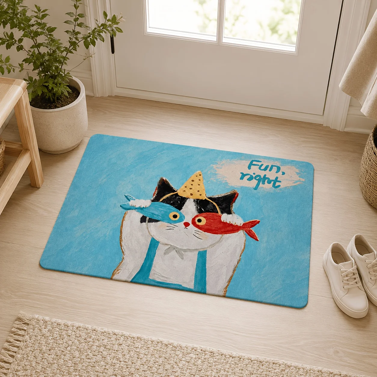 Cute Cartoon Cat Door Mat, Funny Fish Holding Pet Floor Rug, Blue Background Entryway Carpet for Home Decor