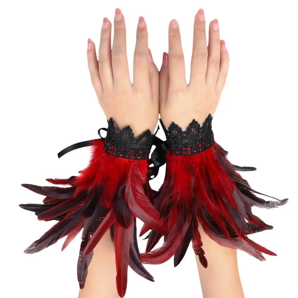 New Black Fluffy Feather Wrist Cuffs Lace Lightweight Plume Bracelet Adjustable Punk Halloween Arm Cuff Gloves Stage Performance