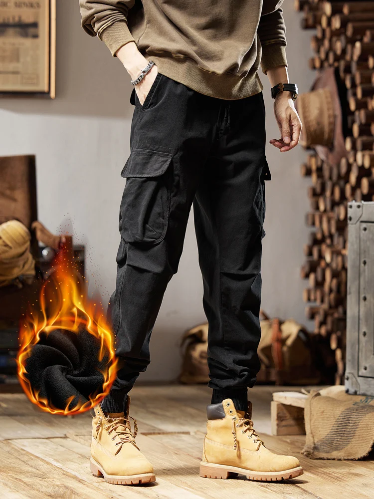 Pantalones Cargo gruesos de forro polar para hombre, ropa de trabajo con múltiples bolsillos, monos ajustados, Joggers, pantalones térmicos