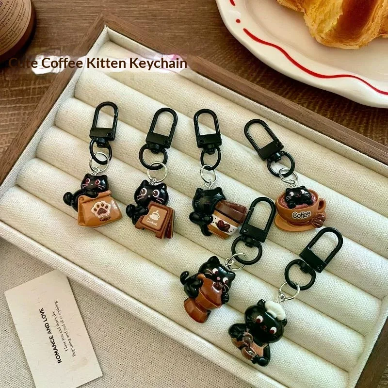 6Pcs Cute Chocolate Coffee Bag Charm Pendant Couples Backpack Purse Decoration Cartoon Black Cat Keychain For Women Gift - view 3