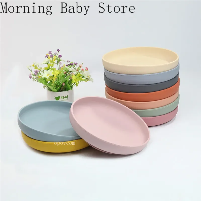 Silicone Round Shape Baby Feeding Dish Suction Cup Dinner Plate Solid Color Baby Supplementary Food Bowl Fruit Plate Tableware