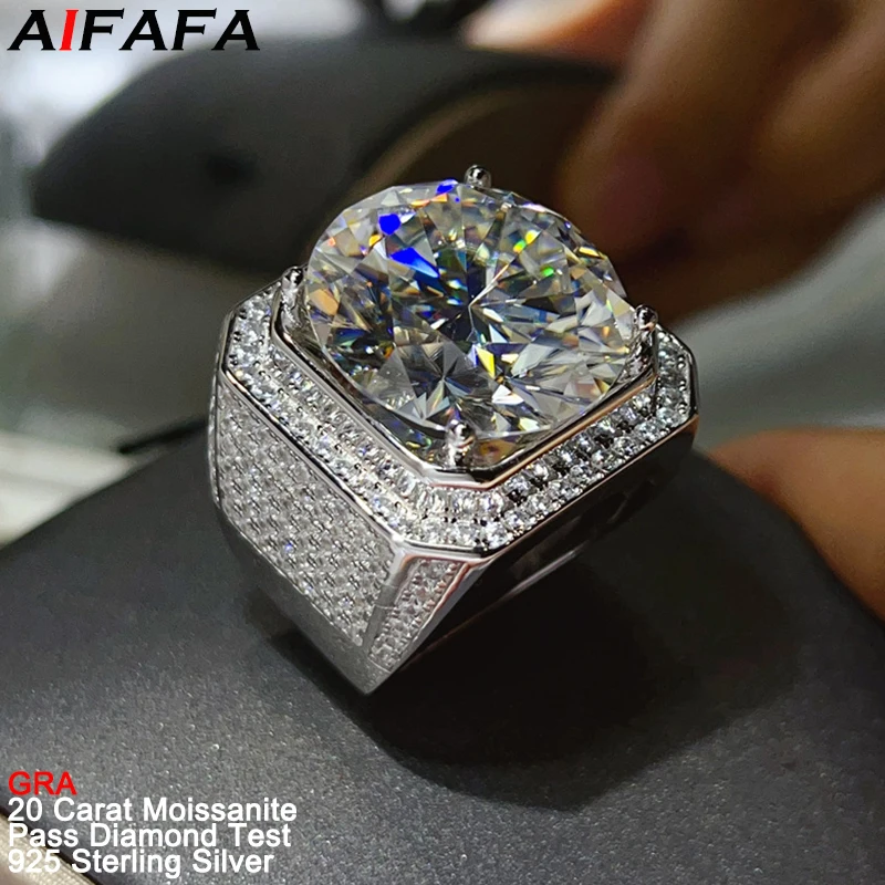 

20 Carat D Color Real Moissanite Diamond Rings for Men Luxury Shiny s925 Silver 18mm Big Moissanite Man Ring Fine Jewelry GRA