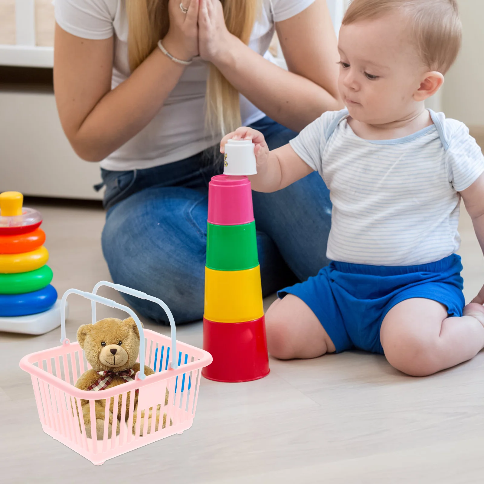 3 Pcs Storage Basket Pink Portable Play Small Baskets with Handles Bins Pastel Toy Buckets for Kids Plastic Tote Picnic