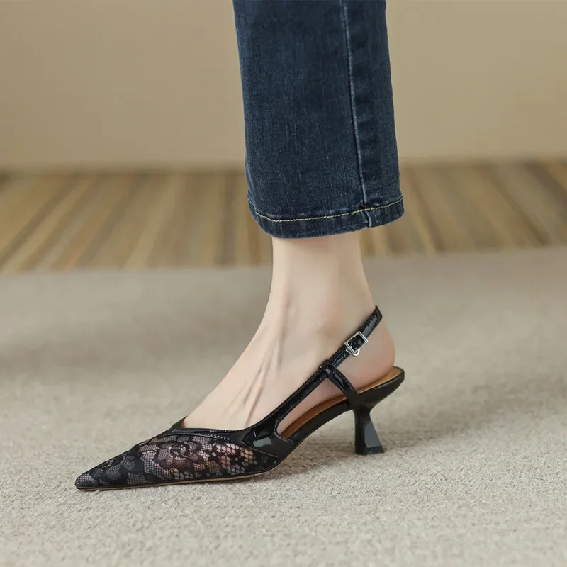 Sexy Lace Pointed Toe Stiletto Shoes for Women 2023 Summer New Fashion Back Empty Toe Sandals for Women Zapatos De Mujer