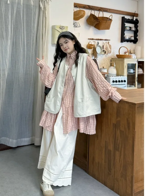 

plus Size Women's Vintage Japanese Sle Plaid irt Jaet Loose Casual Pants Set Autumn Winter Slimming Faion Ensemble