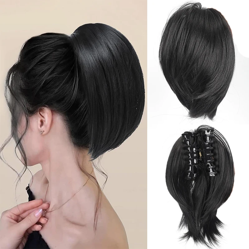 

Synthetic Ponytail Claw Clip Messy Bun Hair Piece Short Straight High Ponytail Extension Tousled Updo Faux Hair for Women Girls