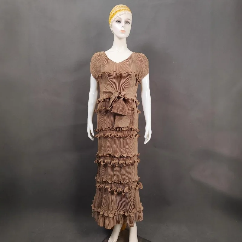 Miyake plissado moda cor sólida com decote em v vestido feminino bolo em camadas plissado plus size apertado festa elegante vestido