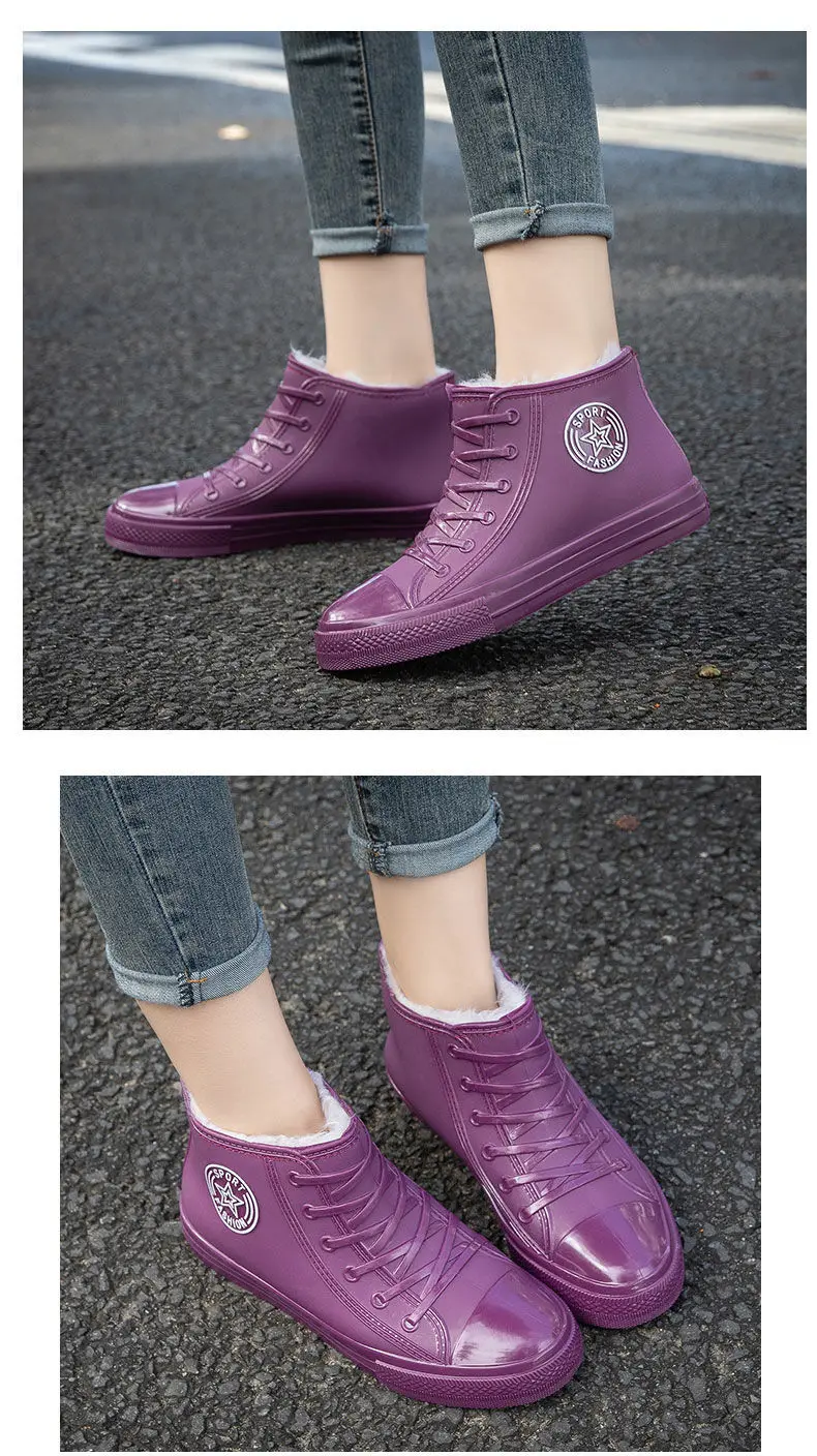 Stilvolle warme Damen-Regenschuhe mit Fell, wasserdichte Winterstiefel, Damen-Galoschen, modische Garten-Regenschuhe, Plüsch-Regenstiefel der Marke – Detail 8