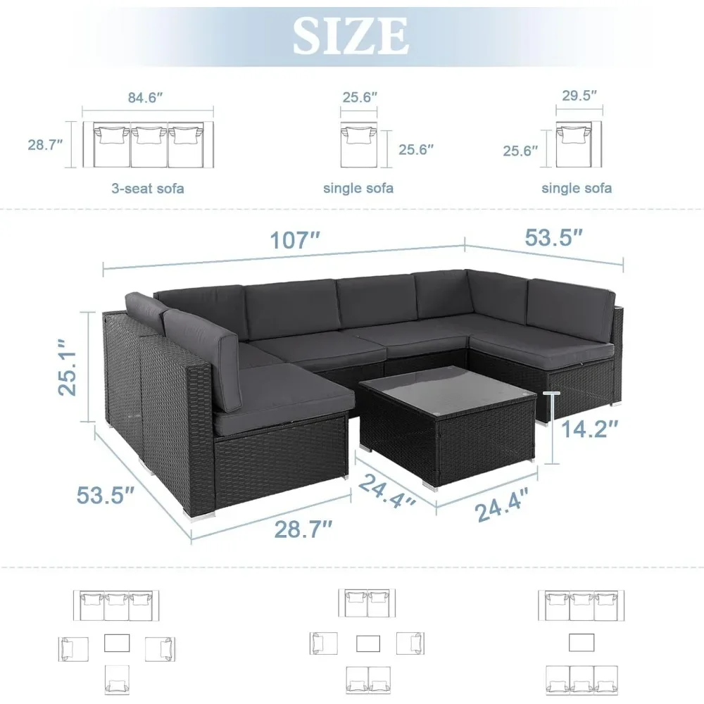 7-teilige Gartenmöbel-Sets für den Außenbereich, Allwetter-Sofa aus schwarzem Korb geflecht, moderner Couch tisch aus Glas und wasch barer Sitz