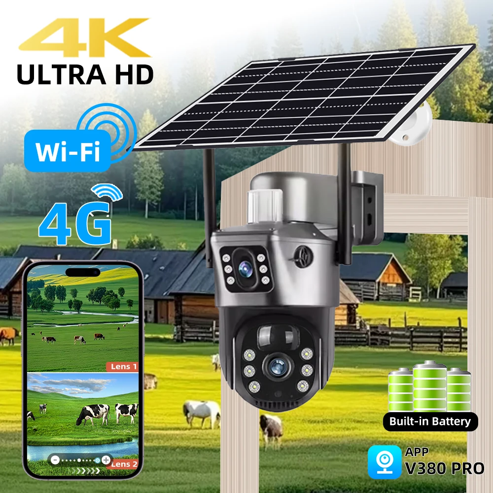 V380 Pro 4K 8MP 2 Lens 4G WiFi Solar Camera Outdoor PIR Night Vision IP66 Low Power Battery CCTV Security