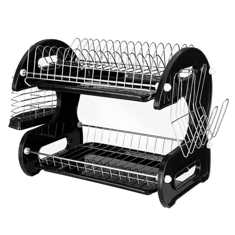 Multifunctional Dual Layers Bowls & Dishes & Chopsticks & Spoons Collection Shelf Dish Drainer Black Kitchen Furniture