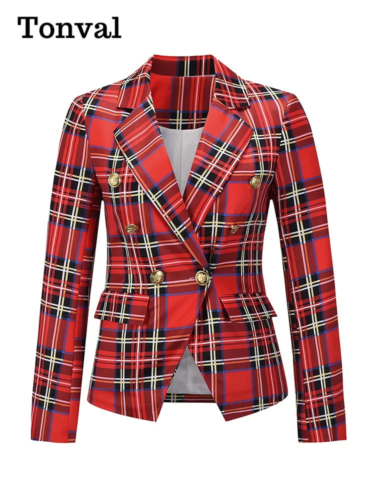 Capispalla Vintage Tonval Tartan donna cappotti autunnali doppiopetto 2024 blazer da ufficio Slim a maniche lunghe