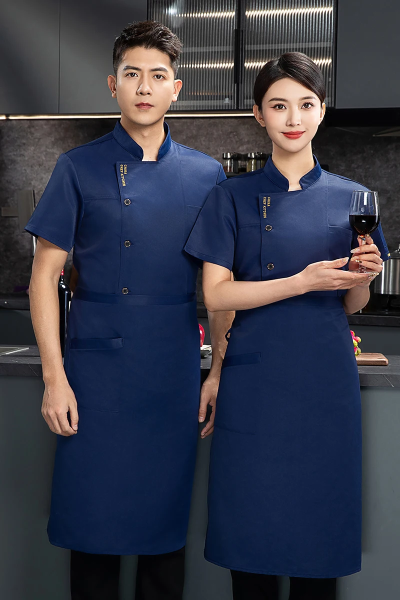 Veste d'été à manches courtes pour hommes, uniforme de Chef noir, tablier, vêtements de travail, logo, short de Chef, manteau de Chef respirant, cuisine