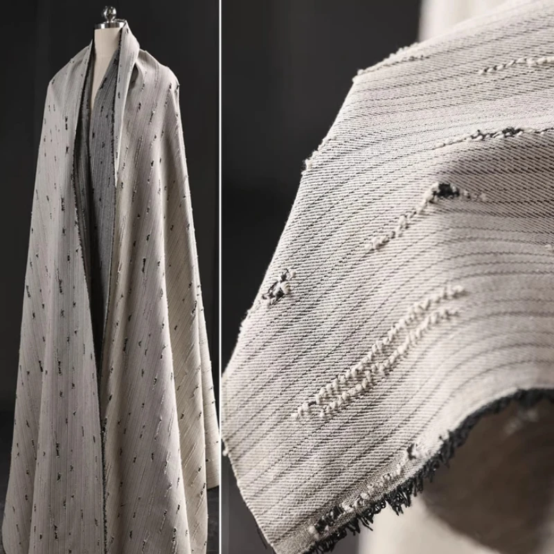 

Beige Cotton Jacquard Distressed Denim Fabric Vintage Ripped Textured Craft Material Handmade Sewing Fashion Designer Apparel