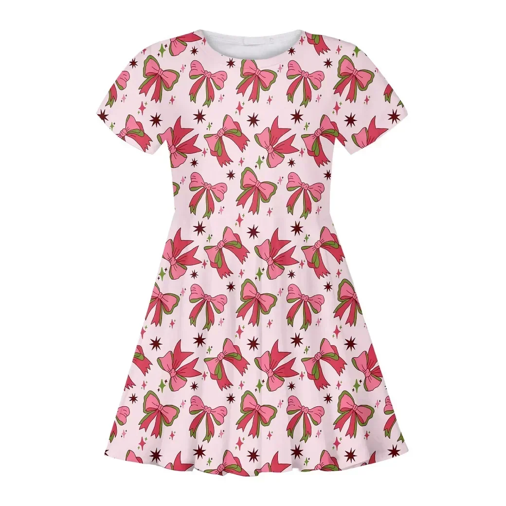 3D Digital Printed Short Sleeved Dress with Bow, Sweet and Caring Casual Princess Skirt