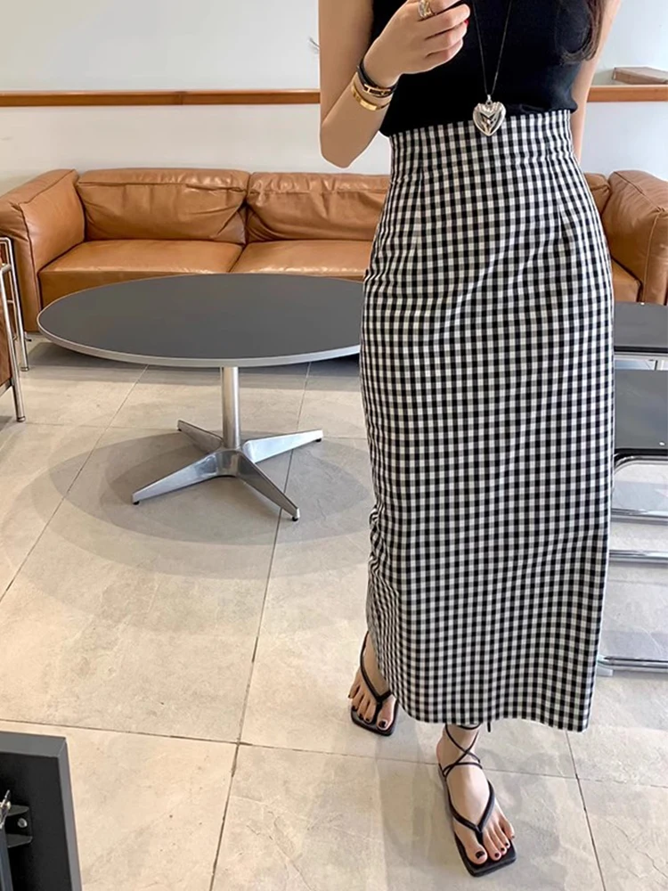 Gonna scozzese retrò Estate da donna Nuovo design coreano Vita alta Gonna avvolgente dimagrante Gonna di cotone a trapezio di media lunghezza