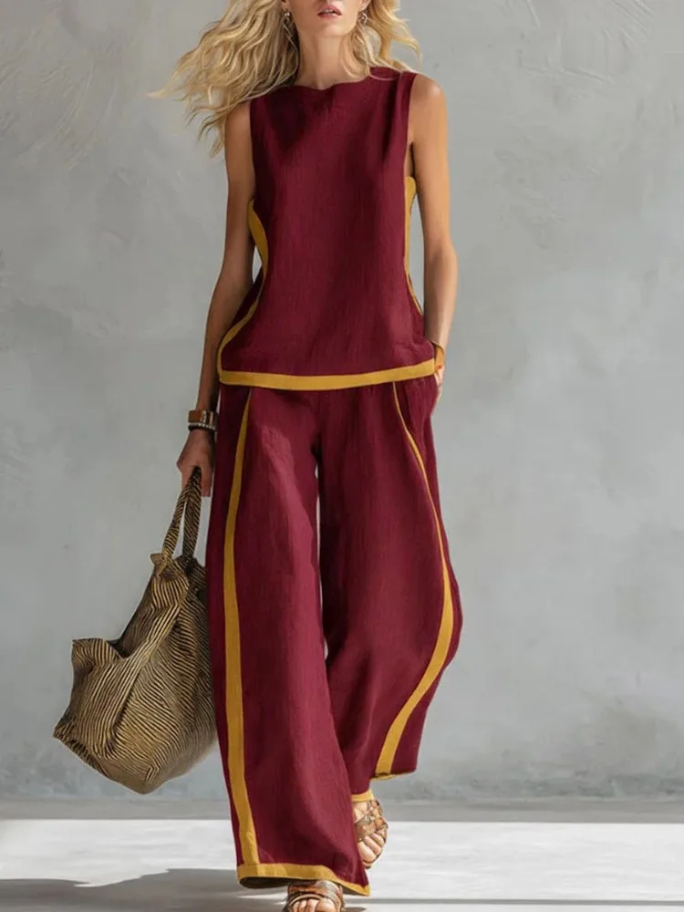 UOOZEE 2026 New Summer Women's Suits Sleeveless O-Neck Tops & High Waisted Wide Leg Pants Contrast Color Linen Two Pieces Set