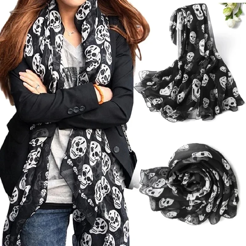 Summer Beach Mulim Women Long Soft Wrap Lady Shawl Silk Chiffon Skull Scarves Leopard Print Shawl All-match Lady Soft Scarf