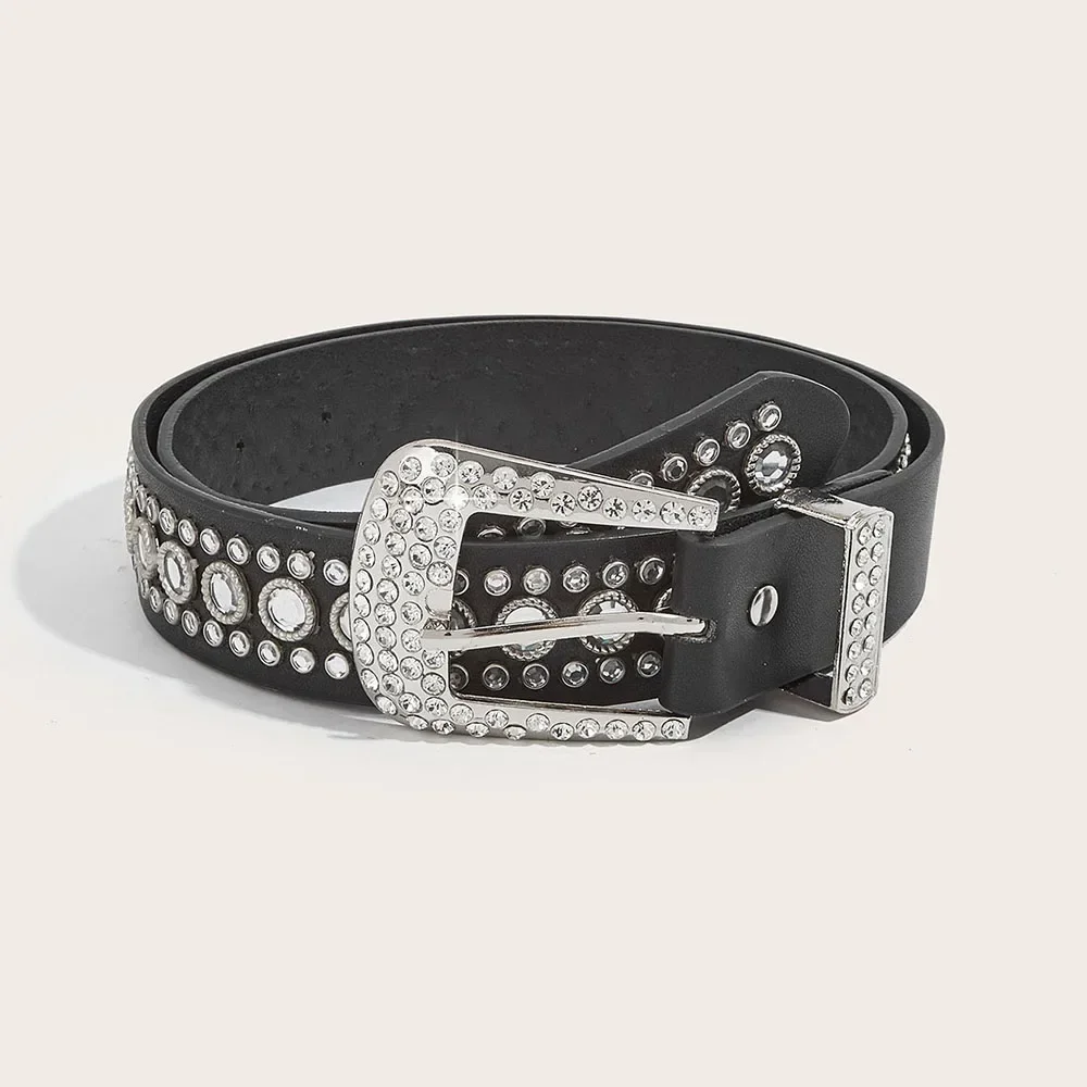 Dames Kristal Diamant Sprankelende Brede Riem Modieuze Water Diamant Pu Riem Verstelbare Trendy Punk Decoratieve Riem
