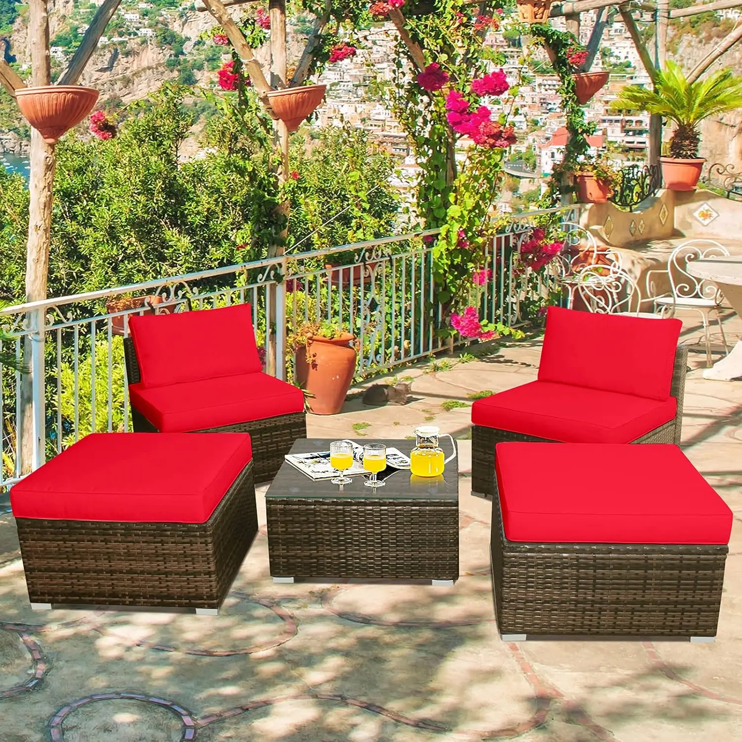 Chaise Lounge Set com Otomano e Coffee Table, Outdoor Rattan Wicker Chair, Daybed Conversa Sofá Set com Almofadas